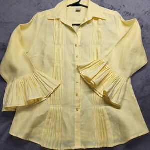 Womans Peter Martin 100% Linen Blouse Button Up MED Pleated Bell Sleeve Yellow